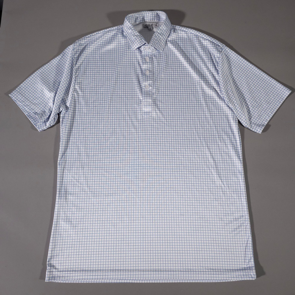 Collars & Co. Dress Collar Polo Mens XL White Blue Grid Check Performance Shirt